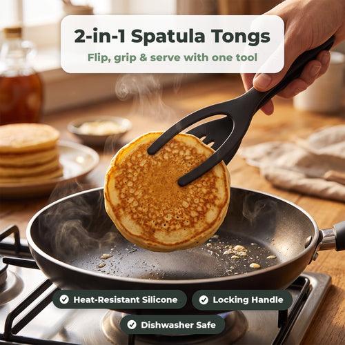 2-in-1 silicone spatula tongs lifting a pancake